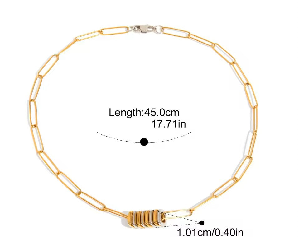 Gold chain necklace with measurements on a white background