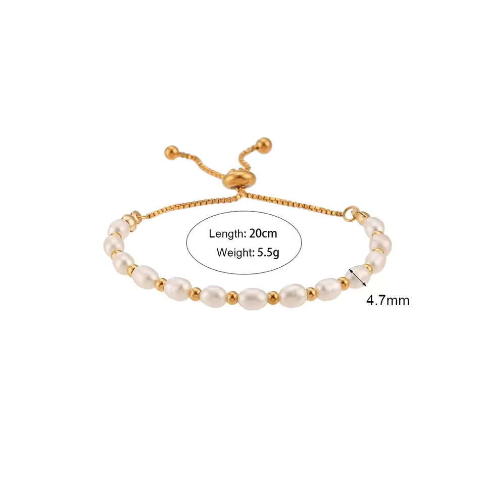 Gold and Pearl Adjustable Bracelet on clear stand