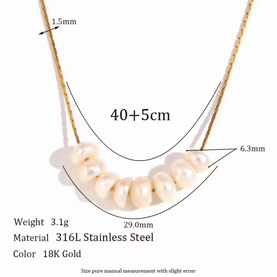 Pearl necklace with measurements and material details on a white background