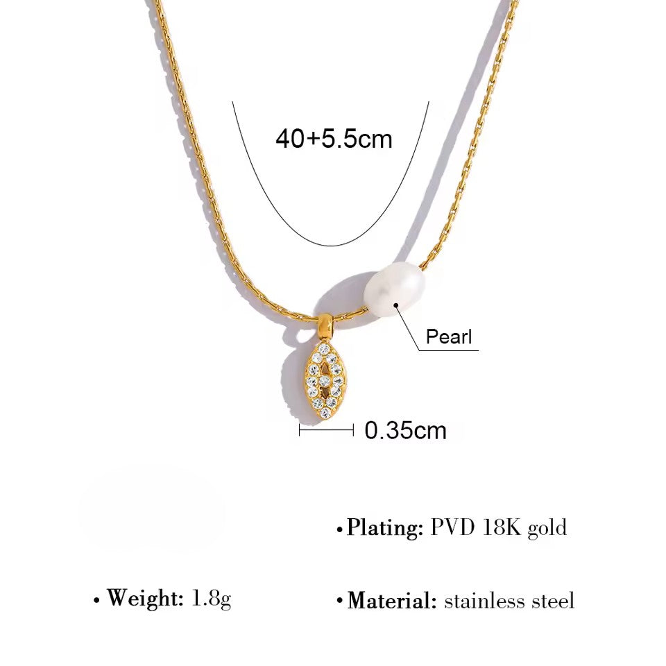 Gold necklace with pearl pendant and measurement details on a white background