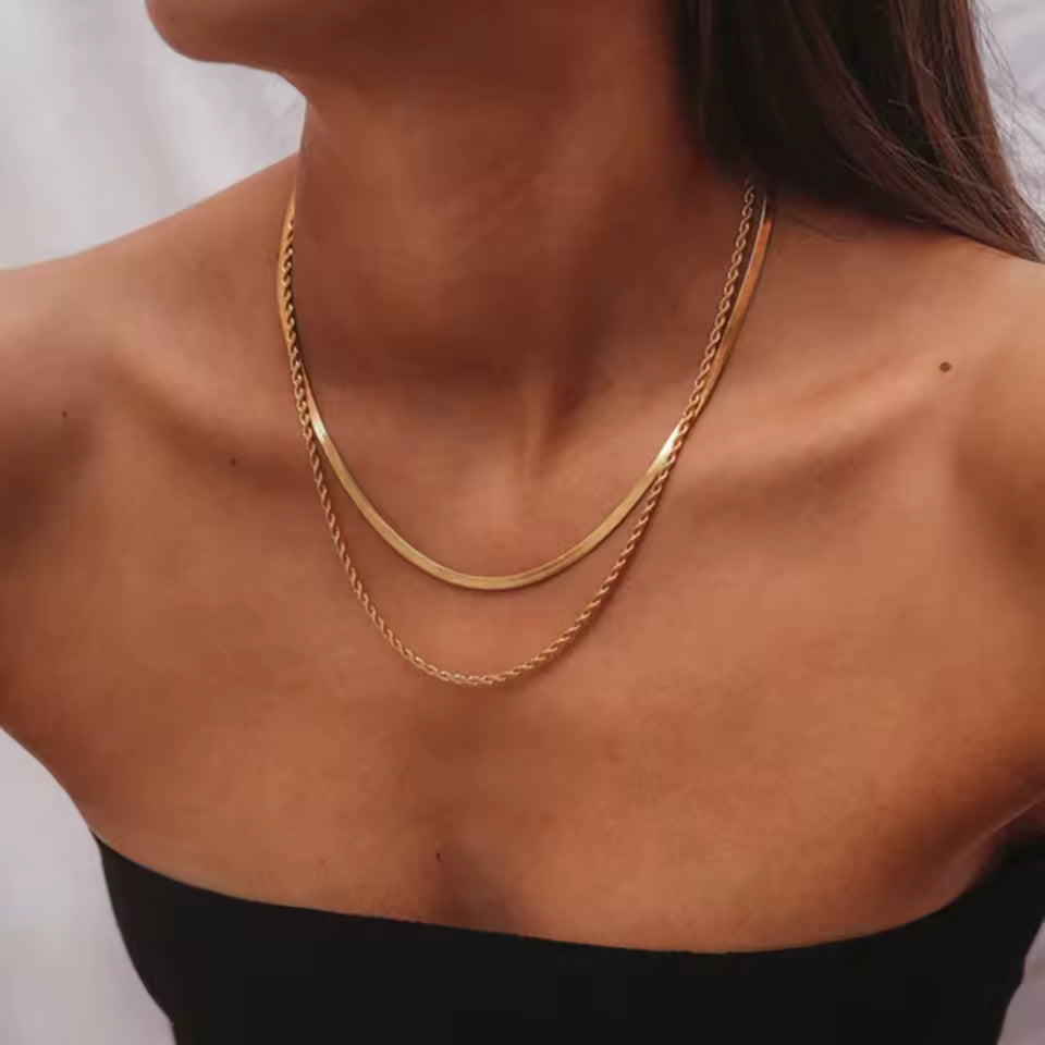 Gold chain necklace on a person against a neutral background