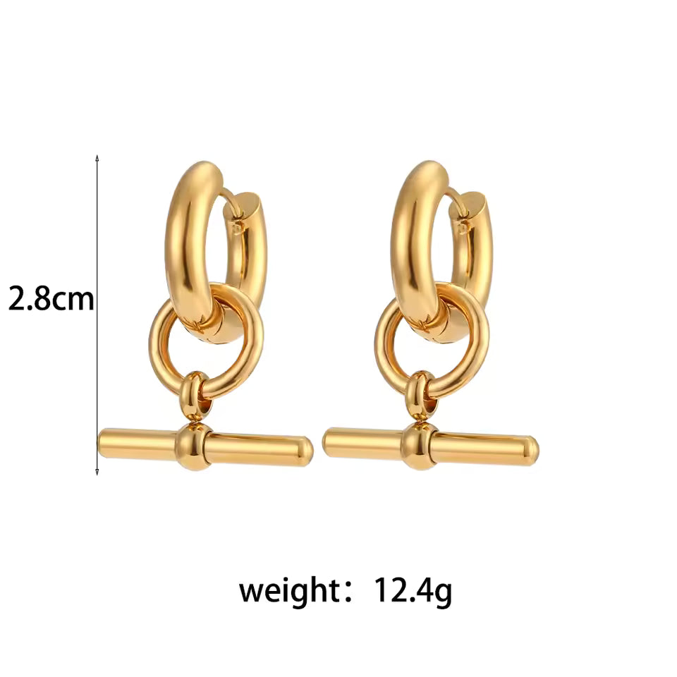 Gold T Bar Earrings on white background
