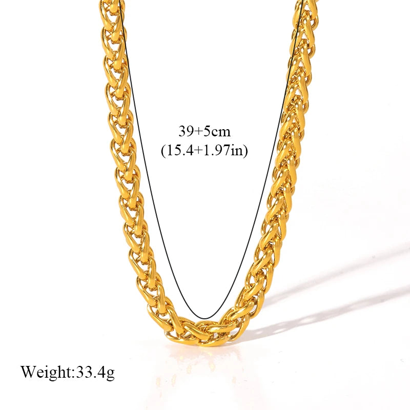 Gold chain necklace with measurements and weight on a white background