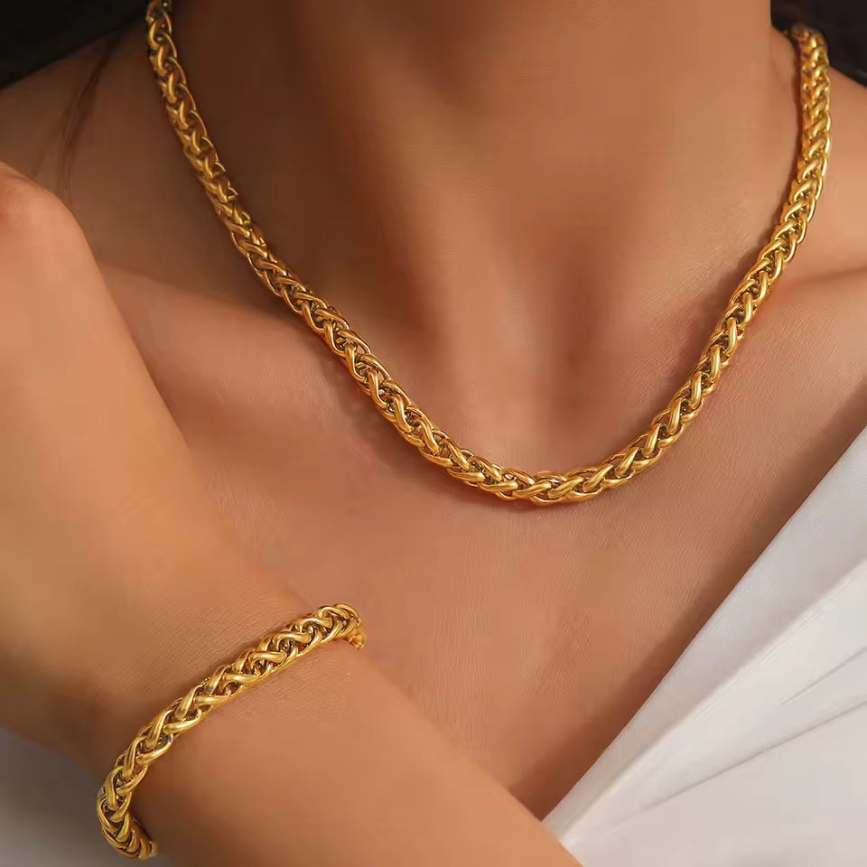Gold chain necklace and bracelet on a person's wrist and neck
