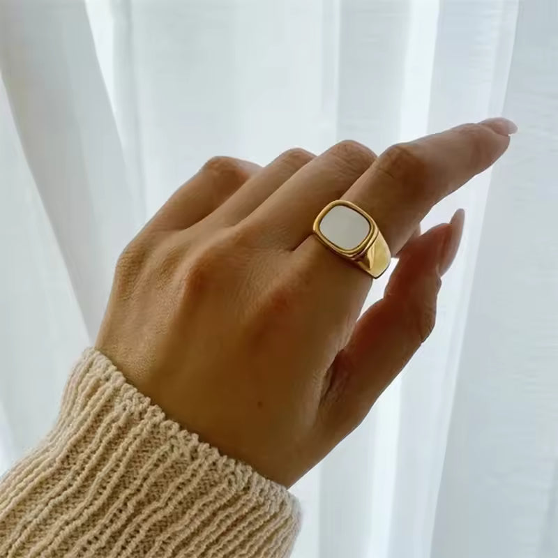 Gold Shell Signet Ring on Hand