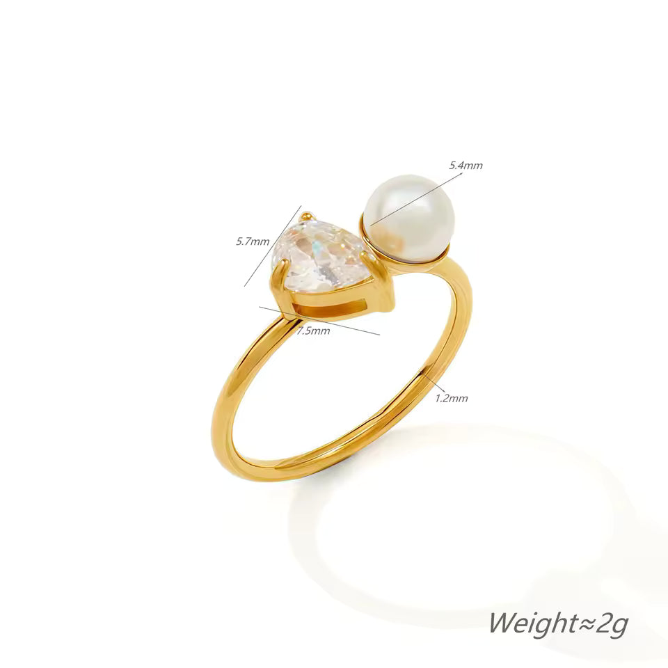 Ring with pearl and diamond setting showing dimensions