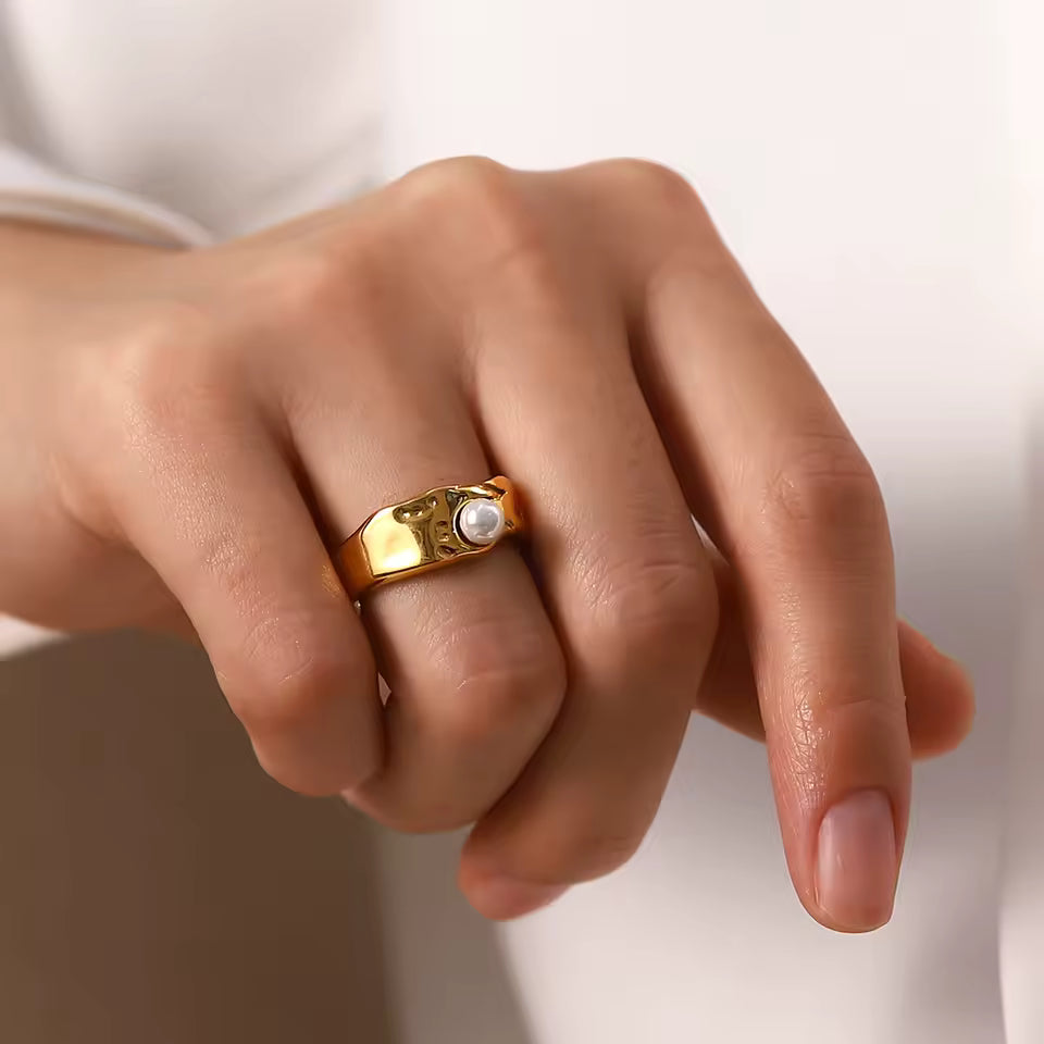 Pearl Gold Ring worn on hand
