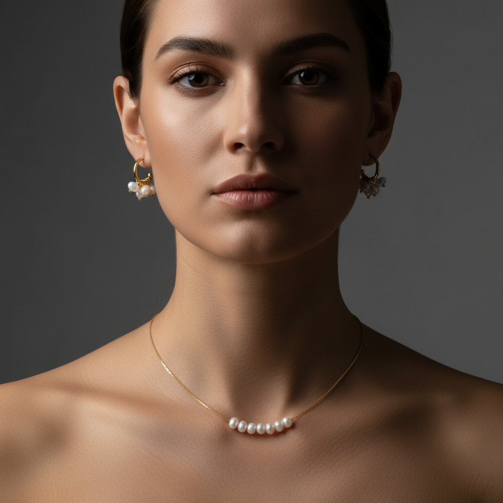 Bold close-up with pearl earrings and single necklace