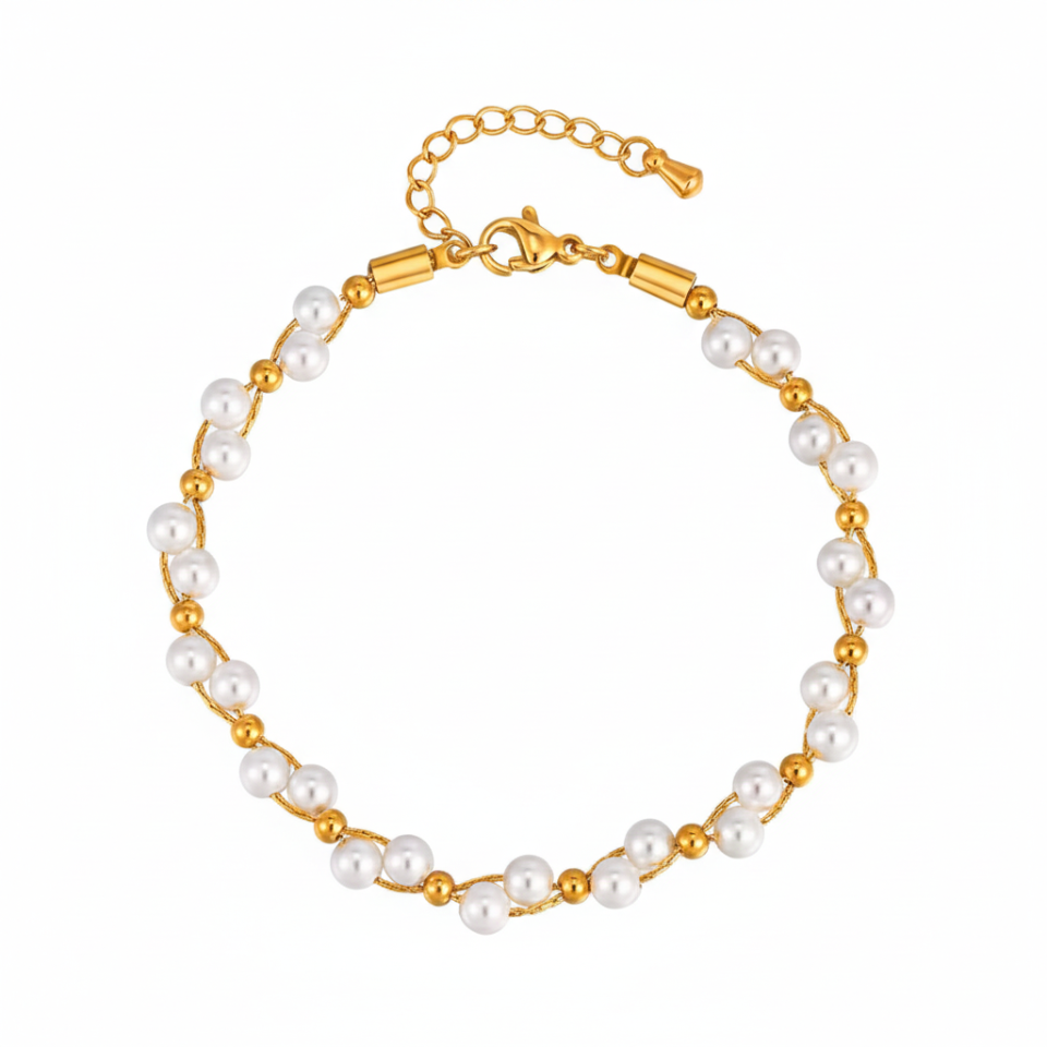 Pearl bracelet with gold chain on a white background