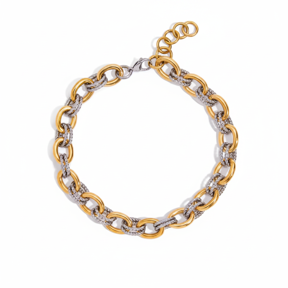 Two-tone gold and silver chain bracelet on a white background