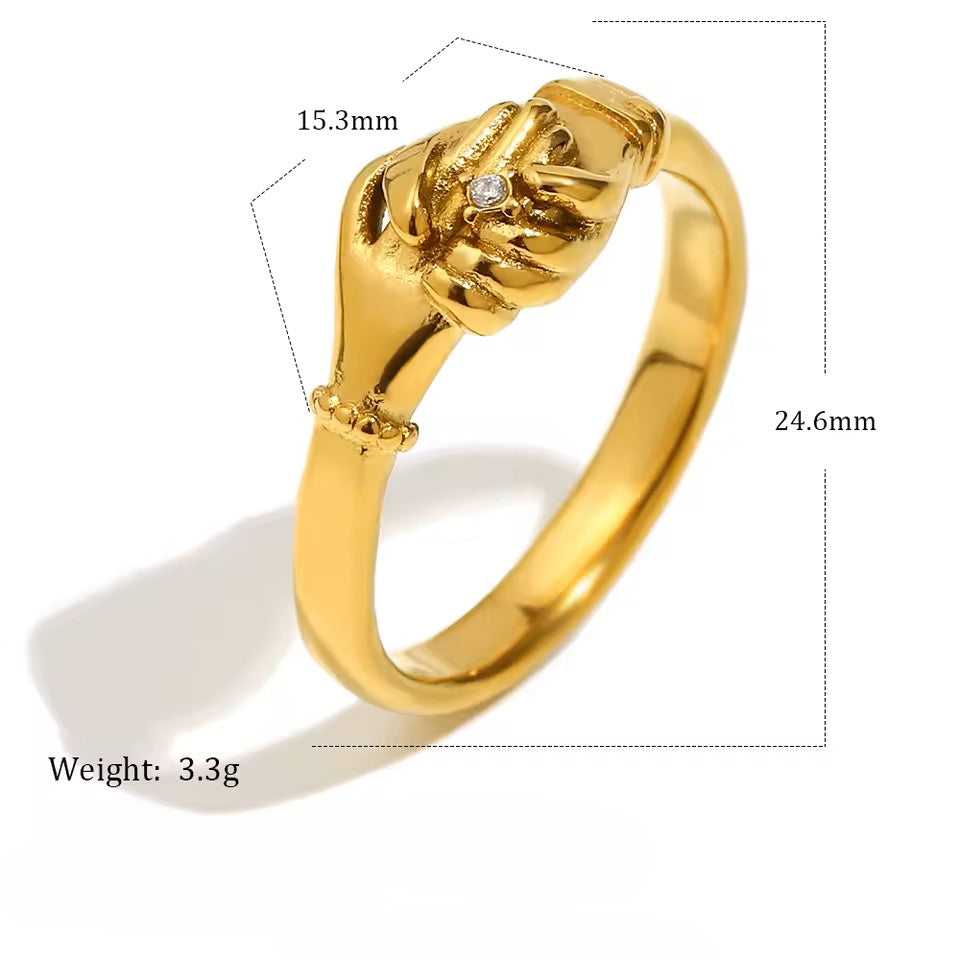 Gold ring with measurements and weight details on a white background