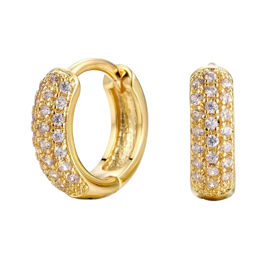 Gold hoop earrings with diamond accents on a white background
