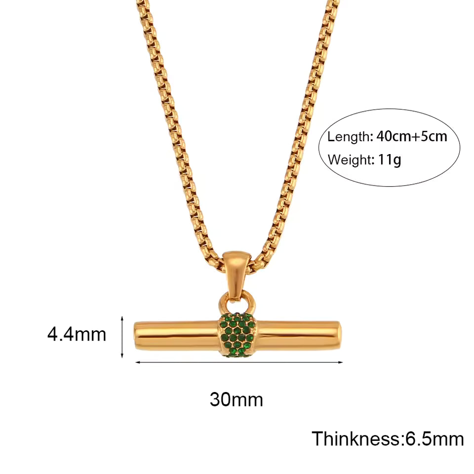 Gold necklace with a green pendant, showing measurements on a white background.