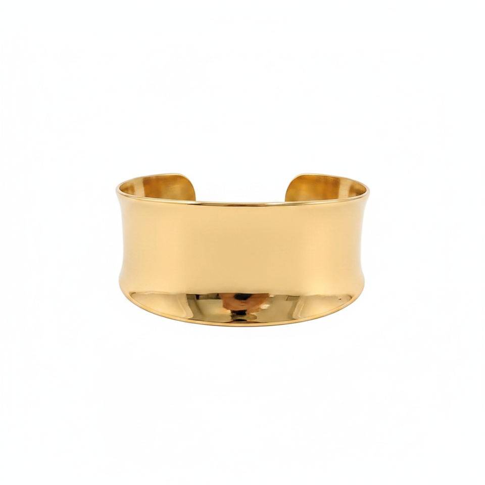 Juno Wide Gold Cuff Bracelet on white background