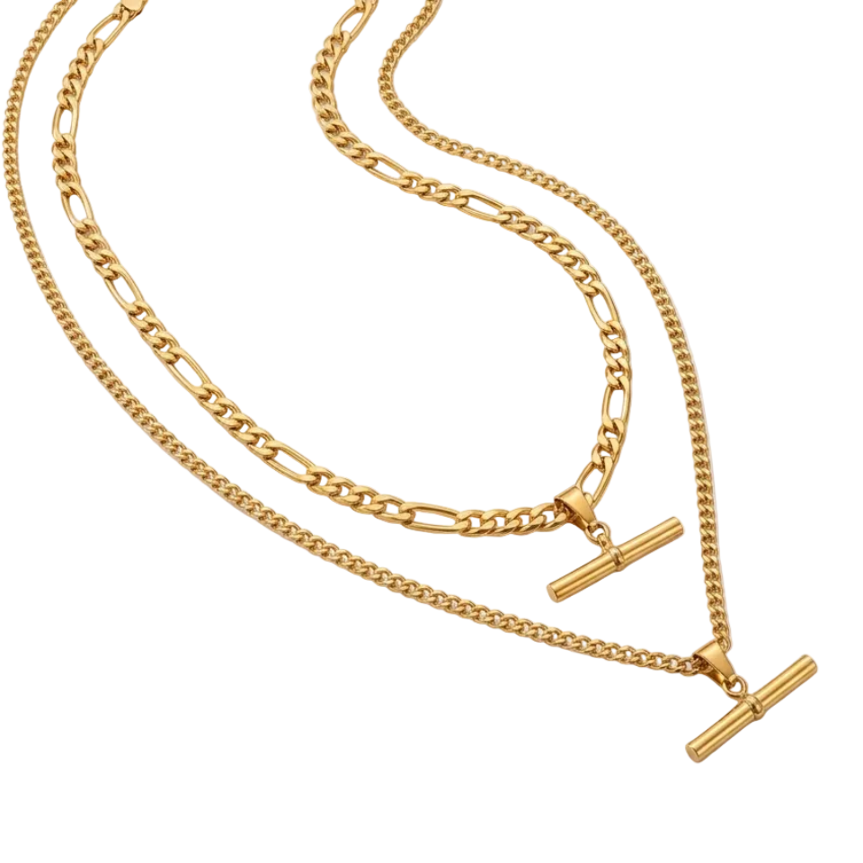 Two gold-tone chain necklaces with toggle clasp pendants, arranged on a white background with small seashells, stones, and dried coral as styling props.