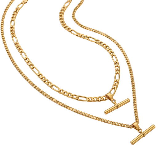 Two gold-tone chain necklaces with toggle clasp pendants, arranged on a white background with small seashells, stones, and dried coral as styling props.