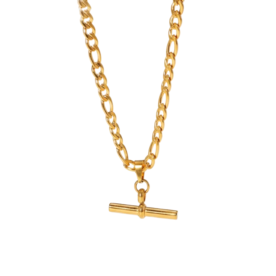 A gold chain necklace with a flat bar toggle pendant, photographed against a clean white background with a soft shadow.