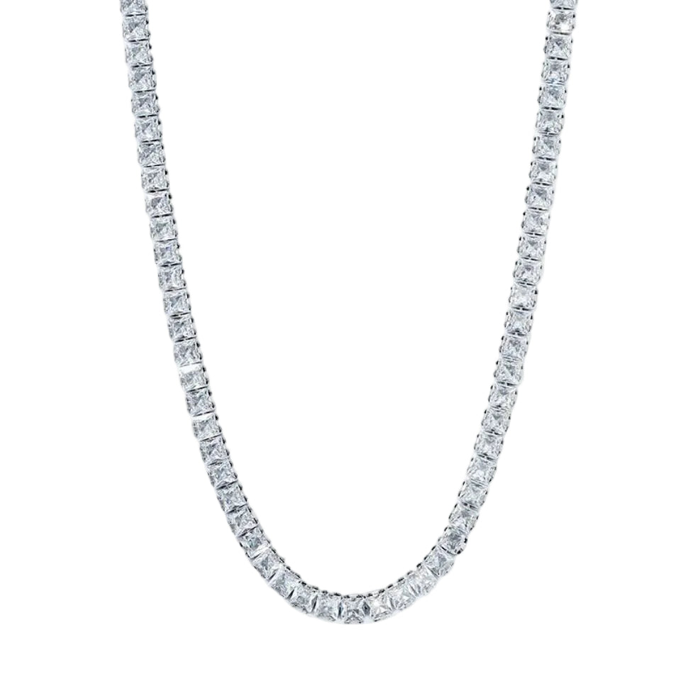 Silver necklace with rectangular gemstones on a white background