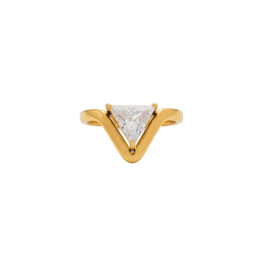 Gold ring with a triangular gemstone on a white background