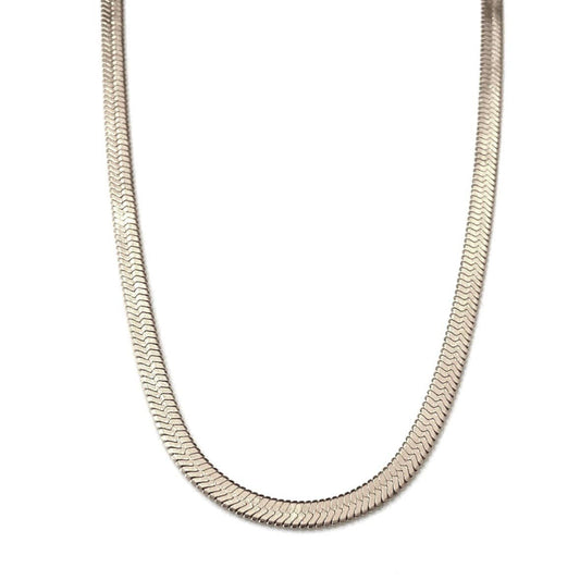 A silver-toned metal chain necklace with a textured, wavy snake-style link design, shown against a plain white background.