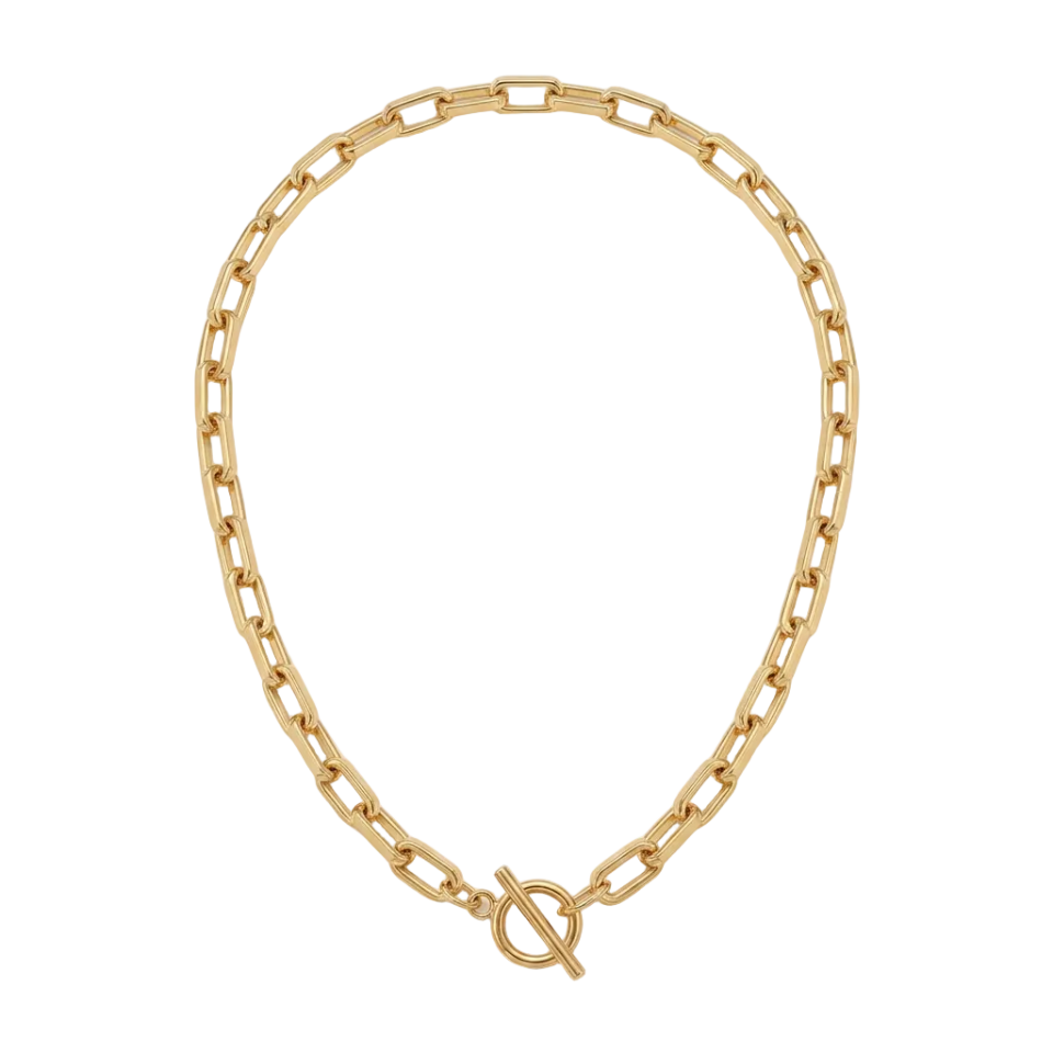 A gold chain necklace with a toggle clasp, displayed on a clean white background.
