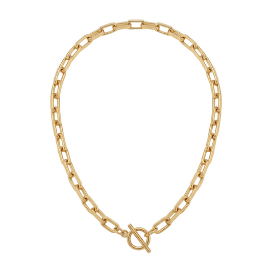 A gold chain necklace with a toggle clasp, displayed on a clean white background.