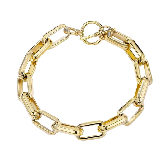 A gold-toned chunky paperclip chain link bracelet with a toggle clasp, displayed on a clean white background.