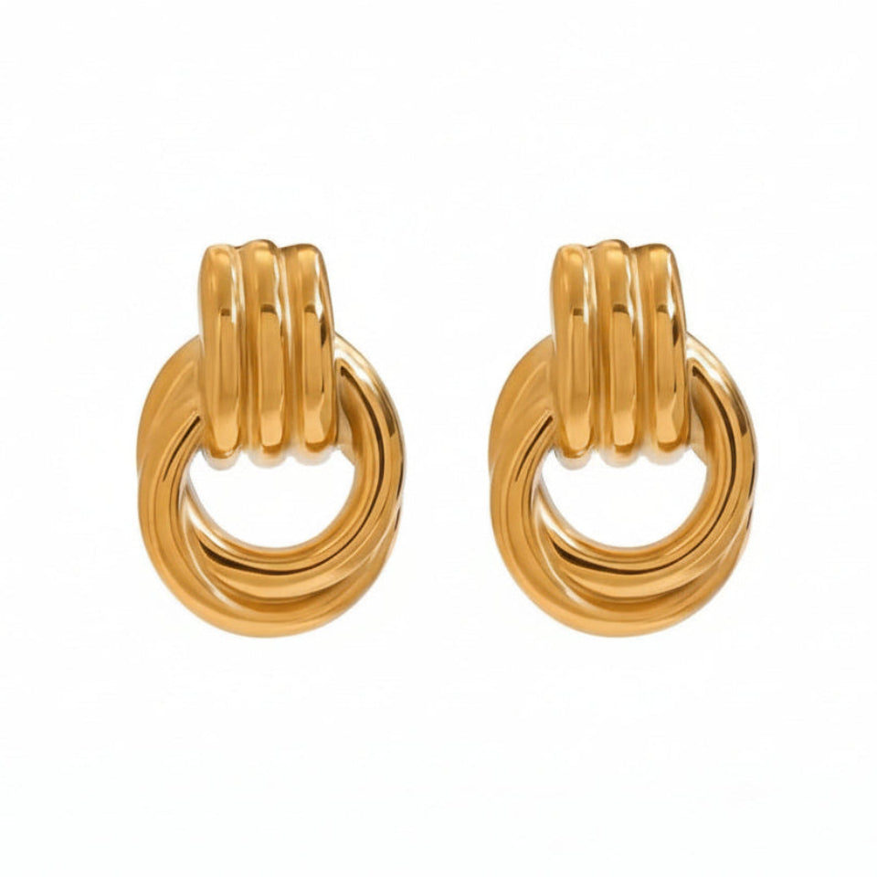 Gold hoop earrings with measurements on a white background