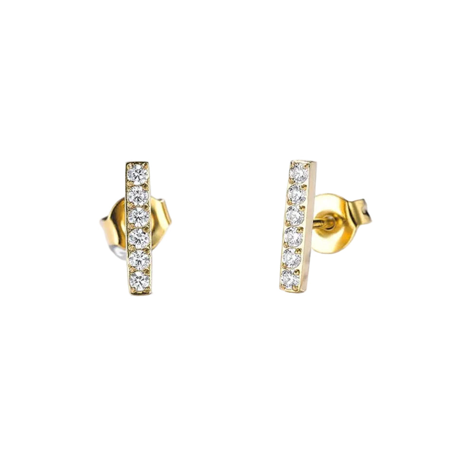 Gold hoop earrings with embedded diamonds on a white background