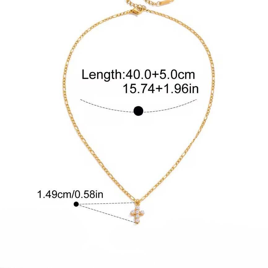 Gold necklace with measurements on a white background