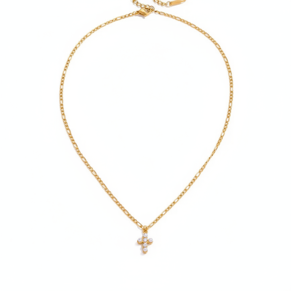 Gold necklace with a cross pendant on a white background
