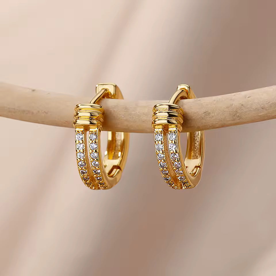 A pair of gold huggie hoop earrings with rows of clear pavé stones, displayed on a light wood branch against a soft beige background.