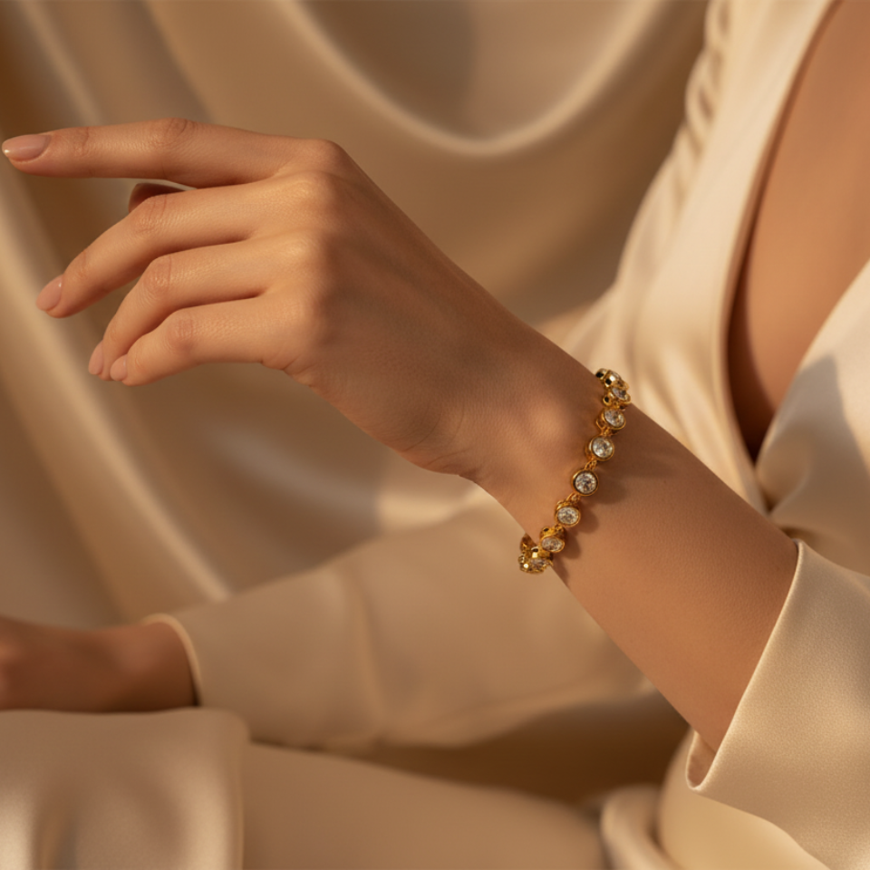 Close-up of a hand wearing a gold bracelet on a beige fabric background