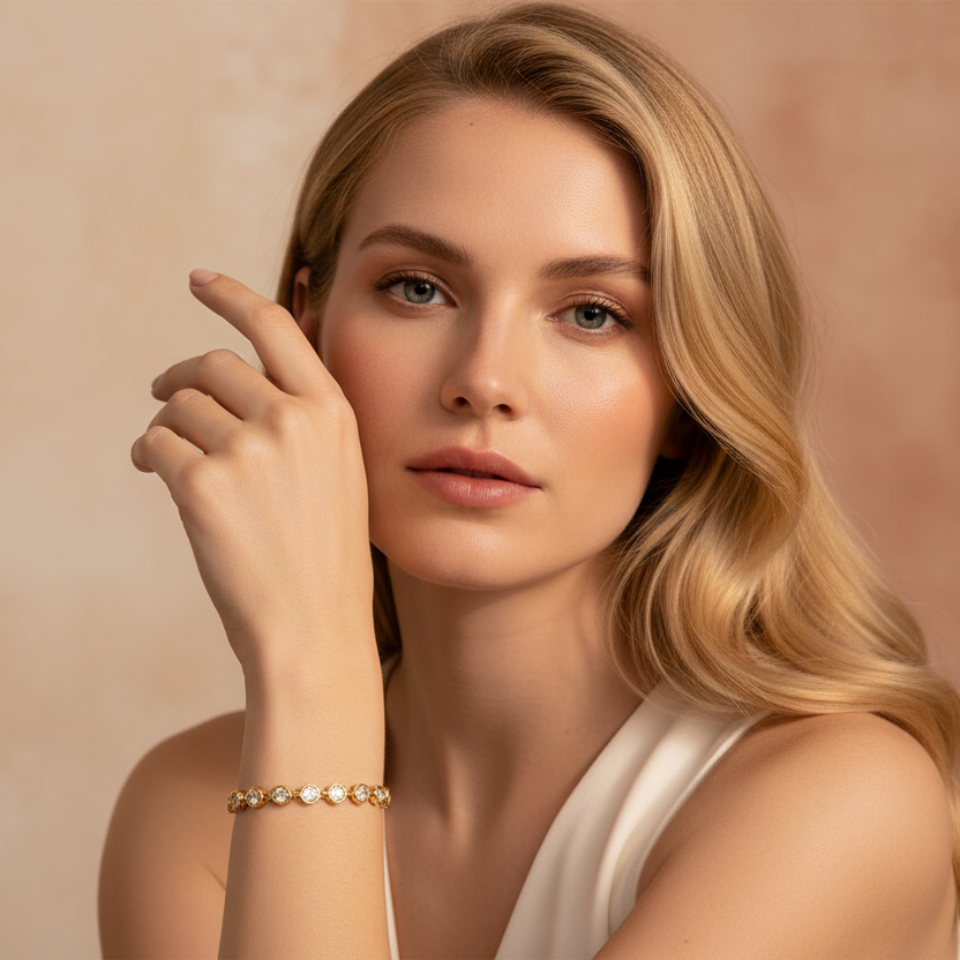 Woman with blonde hair and a gold bracelet against a beige background