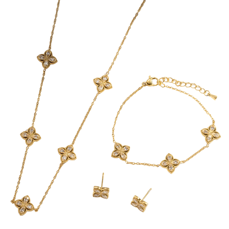 Gold jewelry set with necklace, bracelet, and earrings on a white background