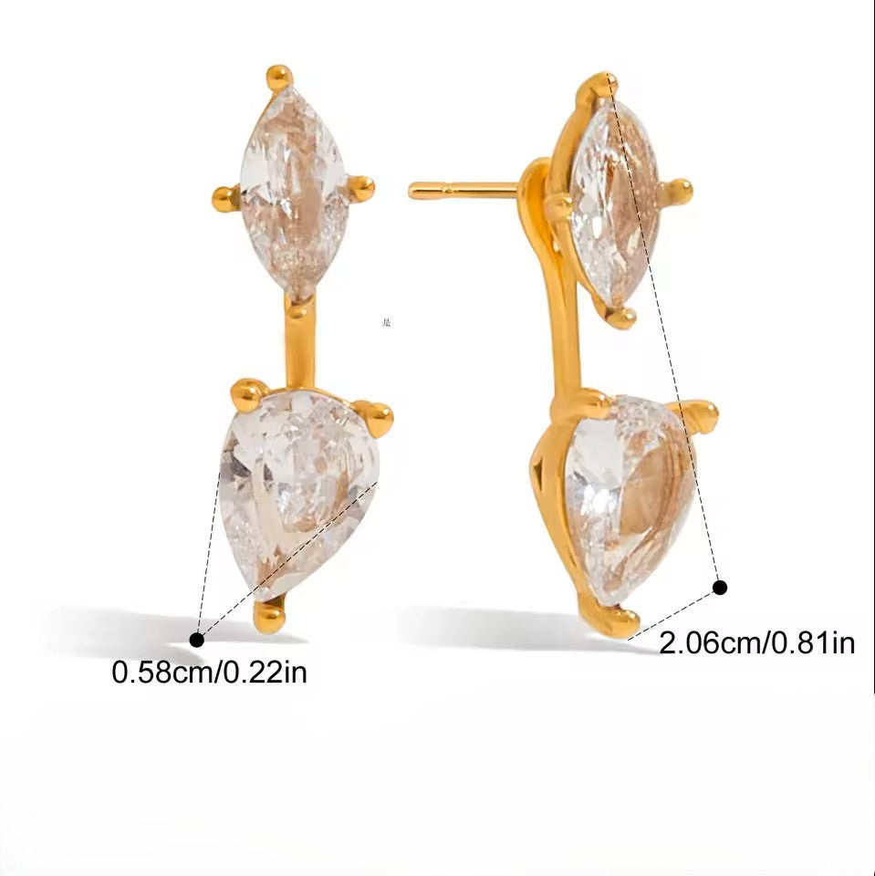 Gold earrings with clear gemstones, showing dimensions on a white background
