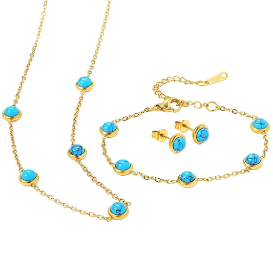 Gold jewelry set with turquoise stones on a white background