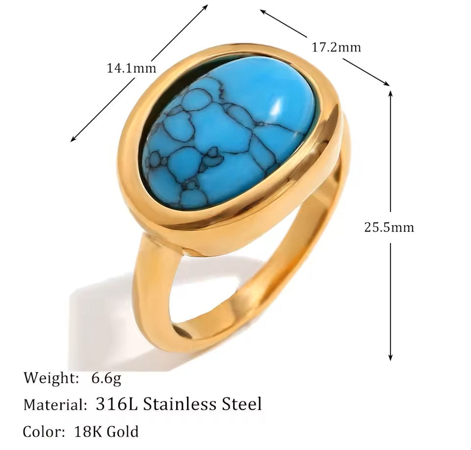 Gold ring with turquoise stone and measurements on a white background