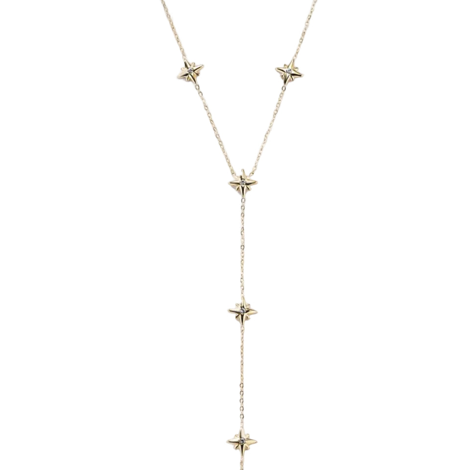 Gold necklace with star-shaped pendants on a white background