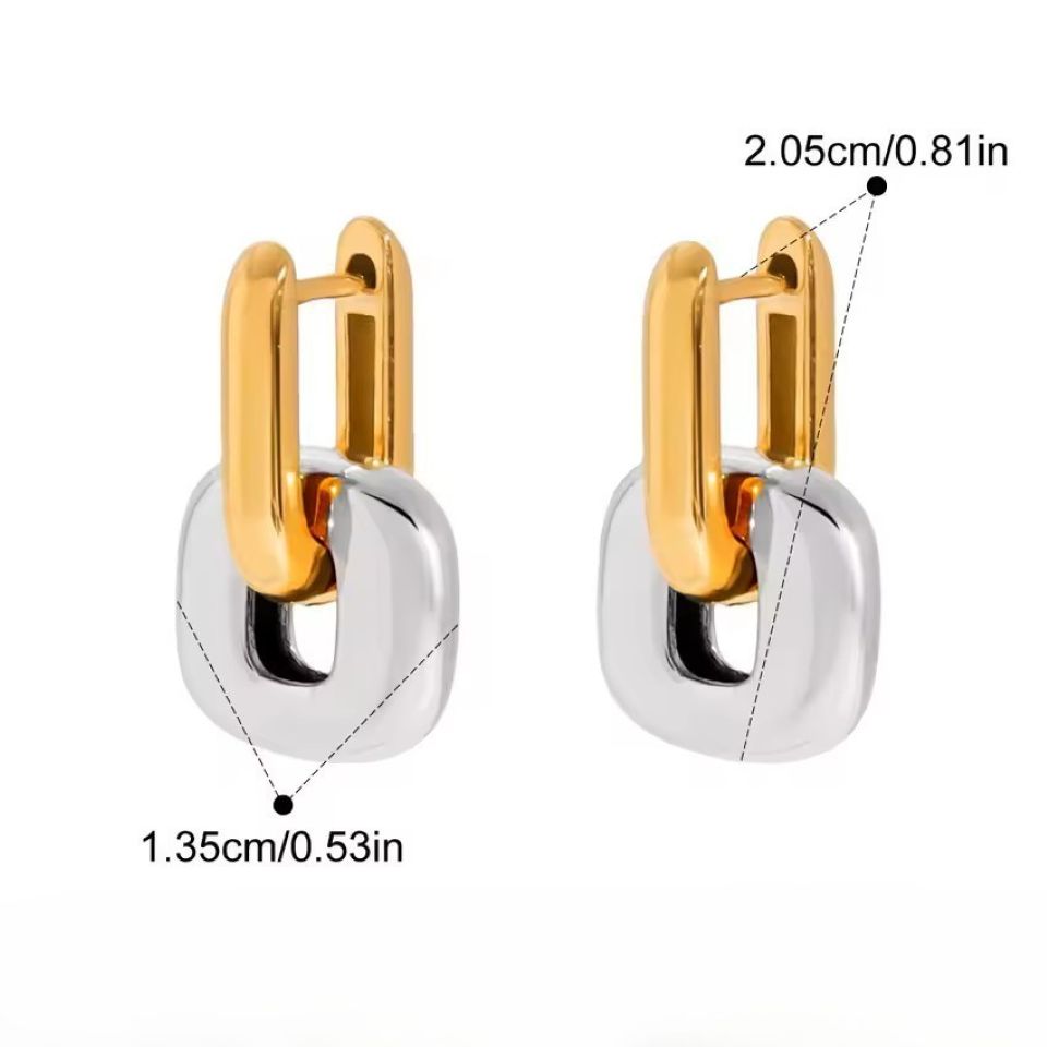Gold and silver earrings with measurements on a white background
