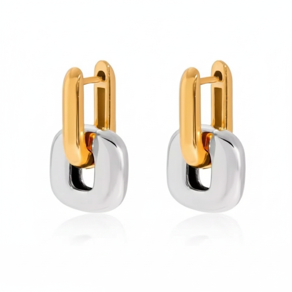 Pair of gold and silver hoop earrings on a white background