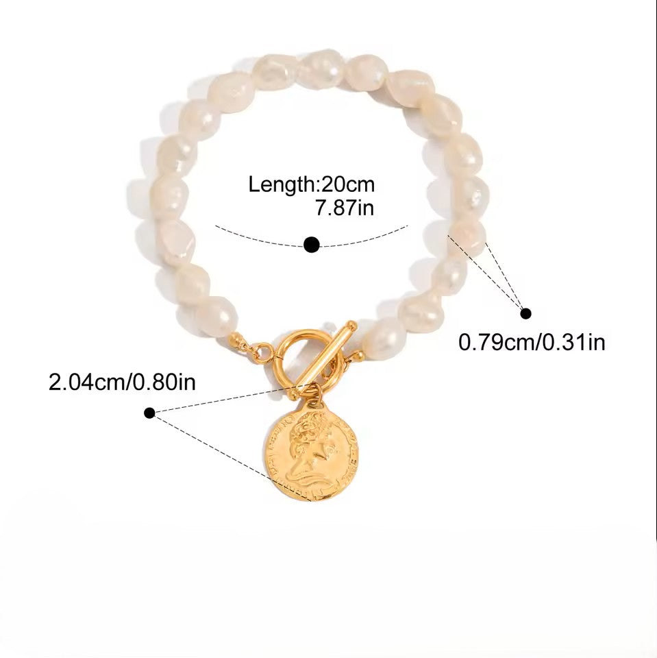 Pearl bracelet with a gold coin charm, showing measurements on a white background.