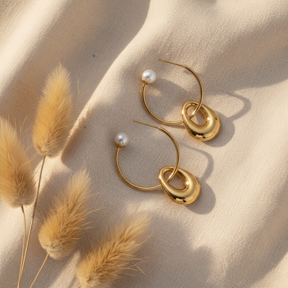 Gold hoop earrings with pearl accents on a beige fabric background with dried pampas grass.
