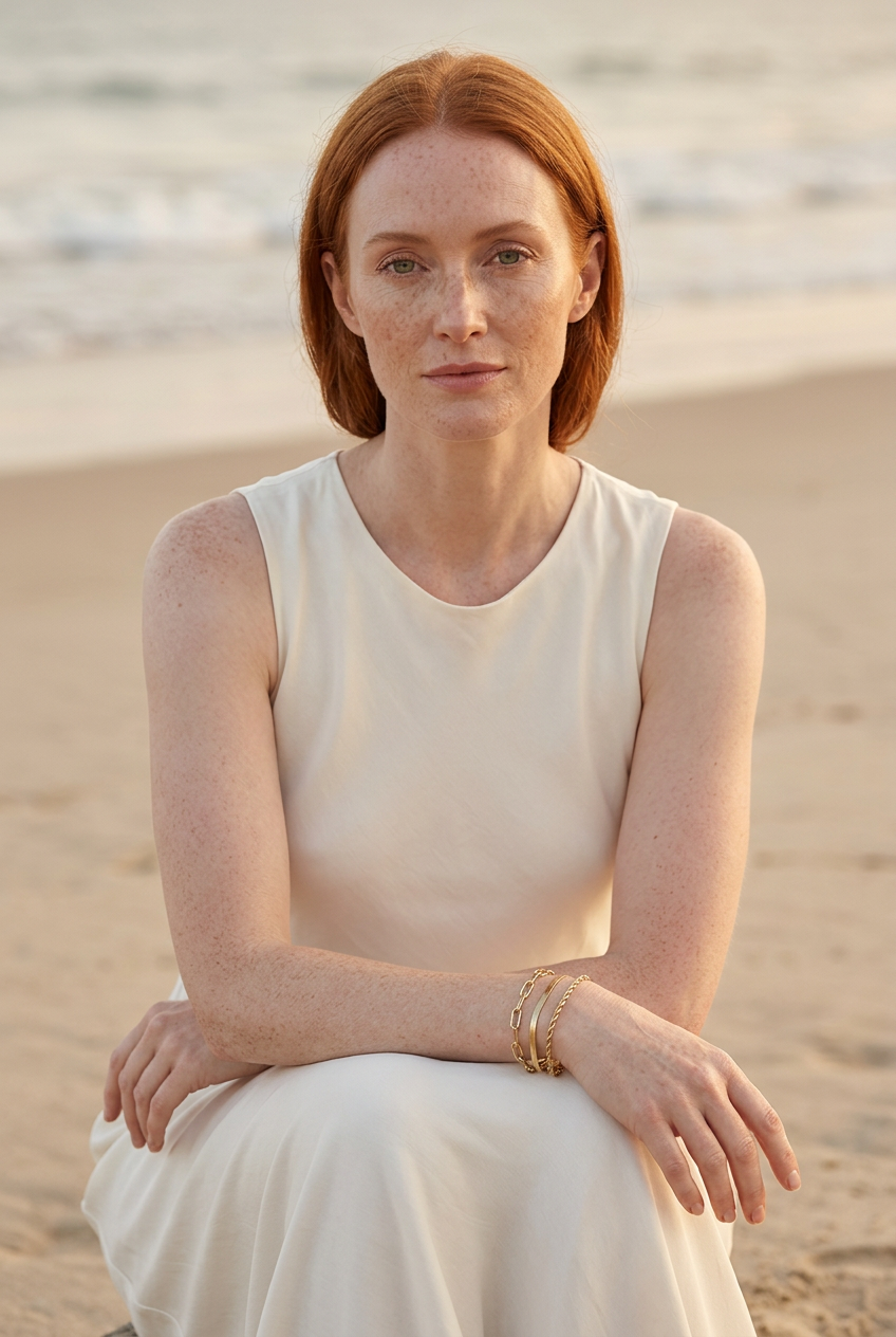 Ciara seated on the beach wearing the Frankie bracelet