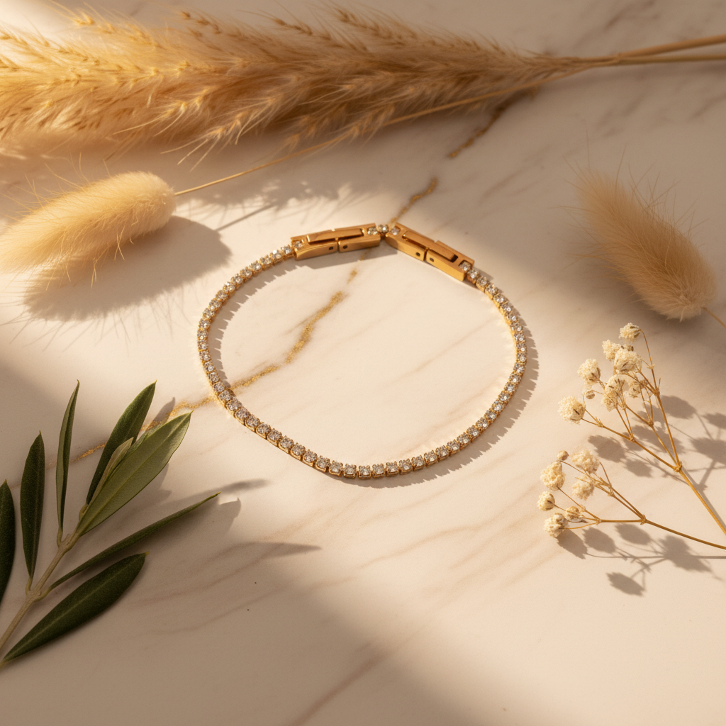 Tennis bracelet on marble with botanicals - square format